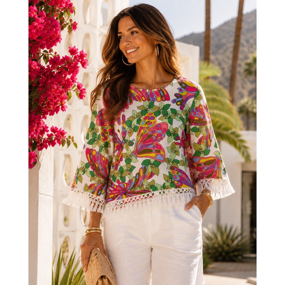 Trina Turk Butterfly Print Fringe Trim Top White Pink‎ Green WOMEN 10 USA RESORT